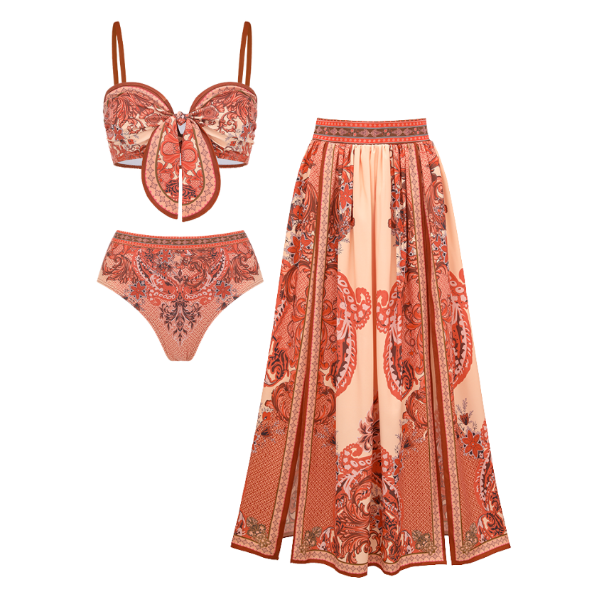 Bow-detailed Paisley Print Swimsuit set(s)