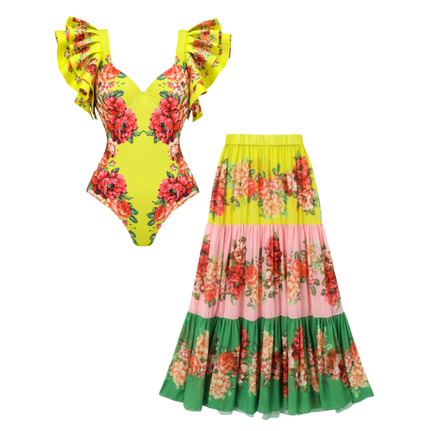 Ruffled Blooming Flower Print One Piece Swimsuit and Skirt Flaxmaker