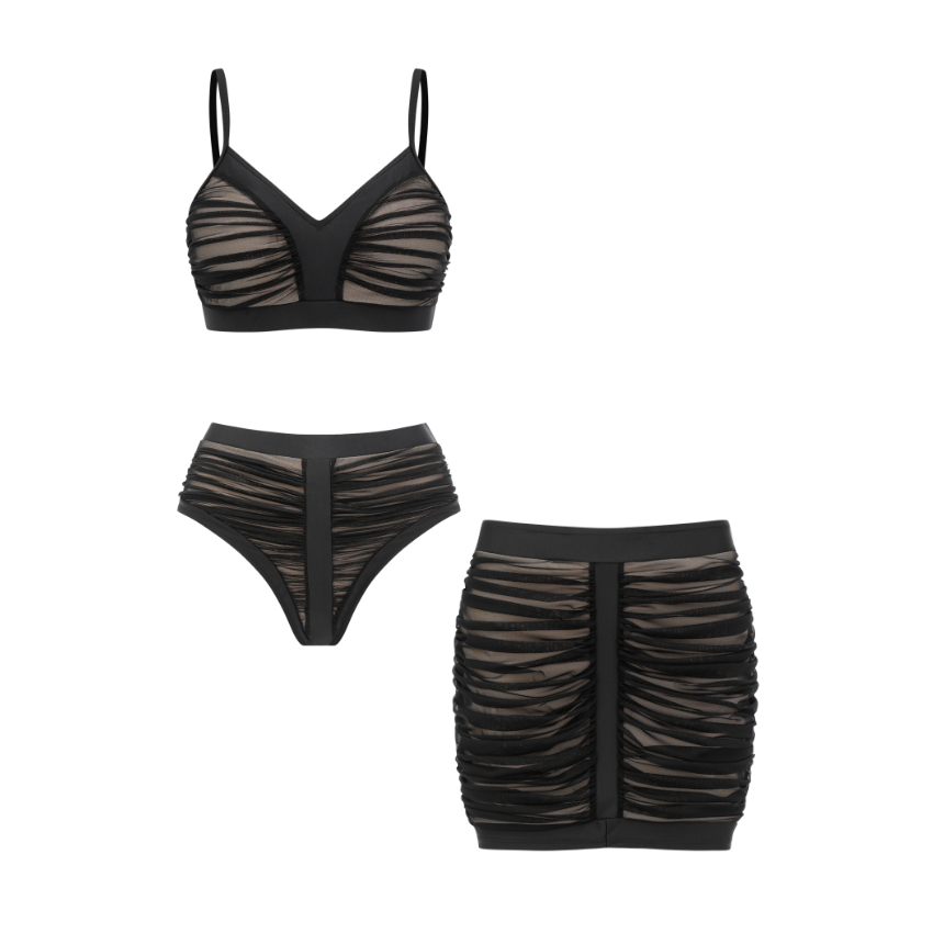 Black Mesh Fabric Ruched Swimsuit Set(s)