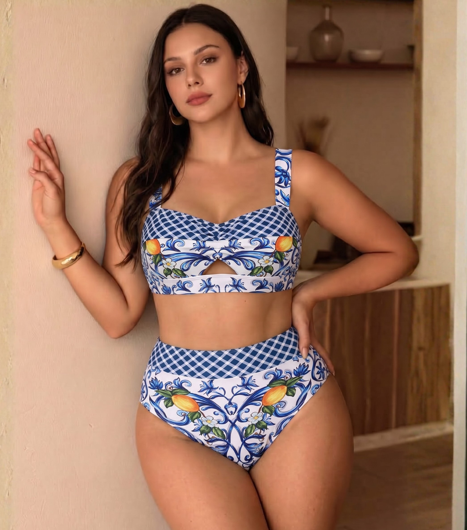 Plus Size Cutout Lemon Printed Swimsuit Set(s)