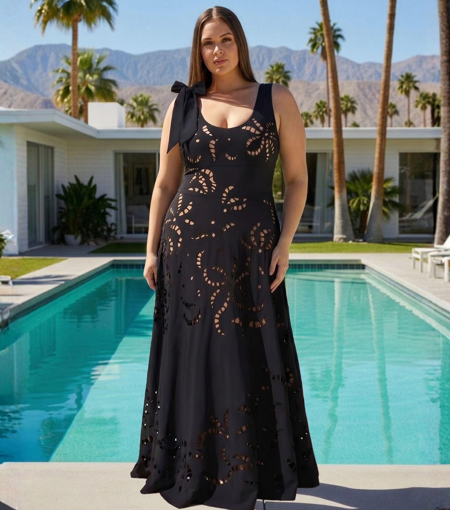Plus Size Bow-detailed Black Laser Cutting Flower Swimsuit Set(s)