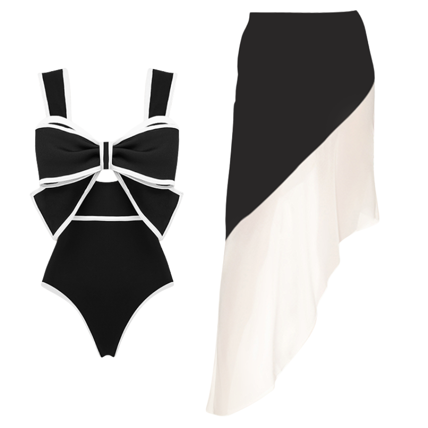 Black and White Bow Decor One Piece Swimsuit and Skirt Flaxmaker