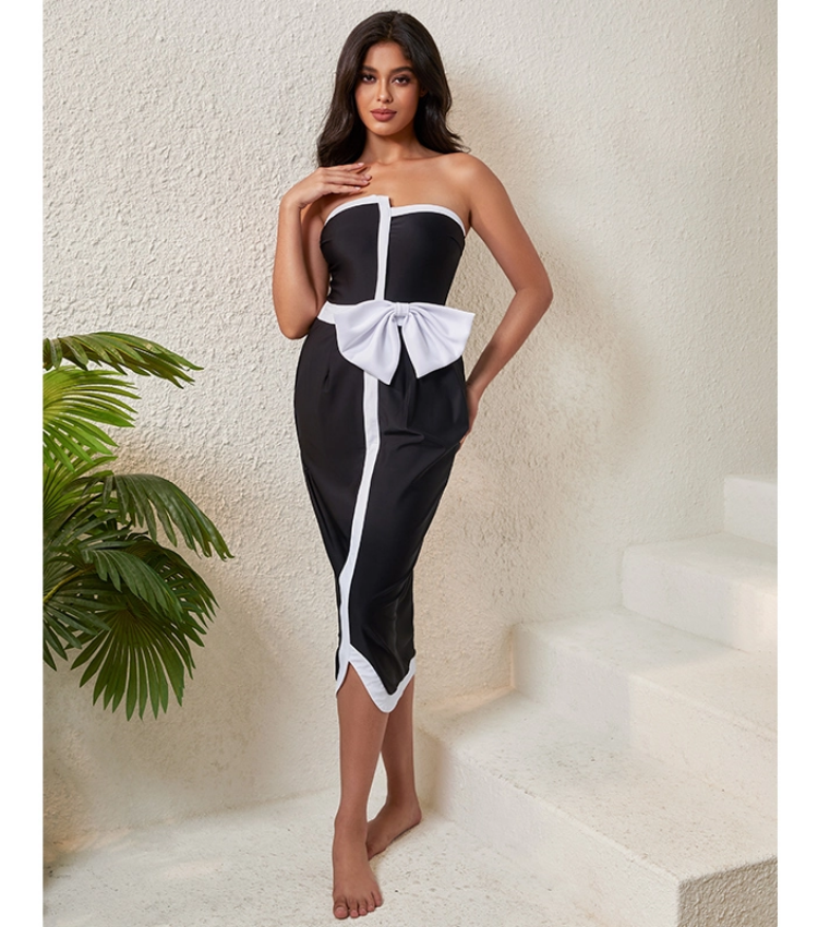 Off Shoulder Bow Tie One Piece Swimsuit and Skirt Flaxmaker