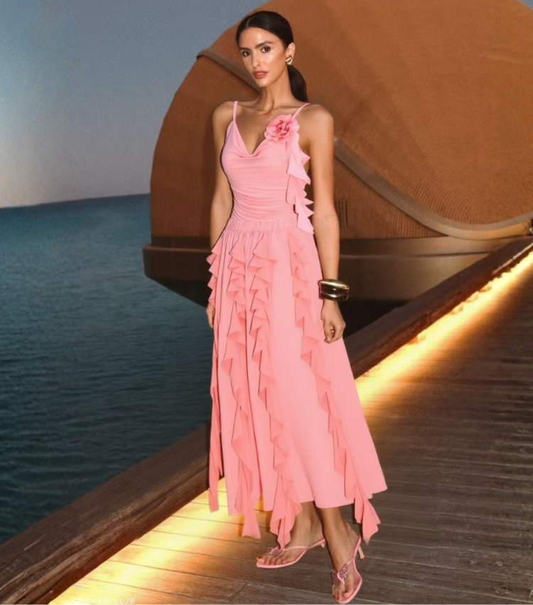 Light Coral Ruched 3D flowers Swimsuit Set(s)