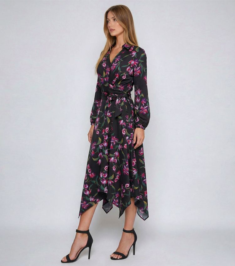 Asymmetrical Hem Printed Wrap Dress
