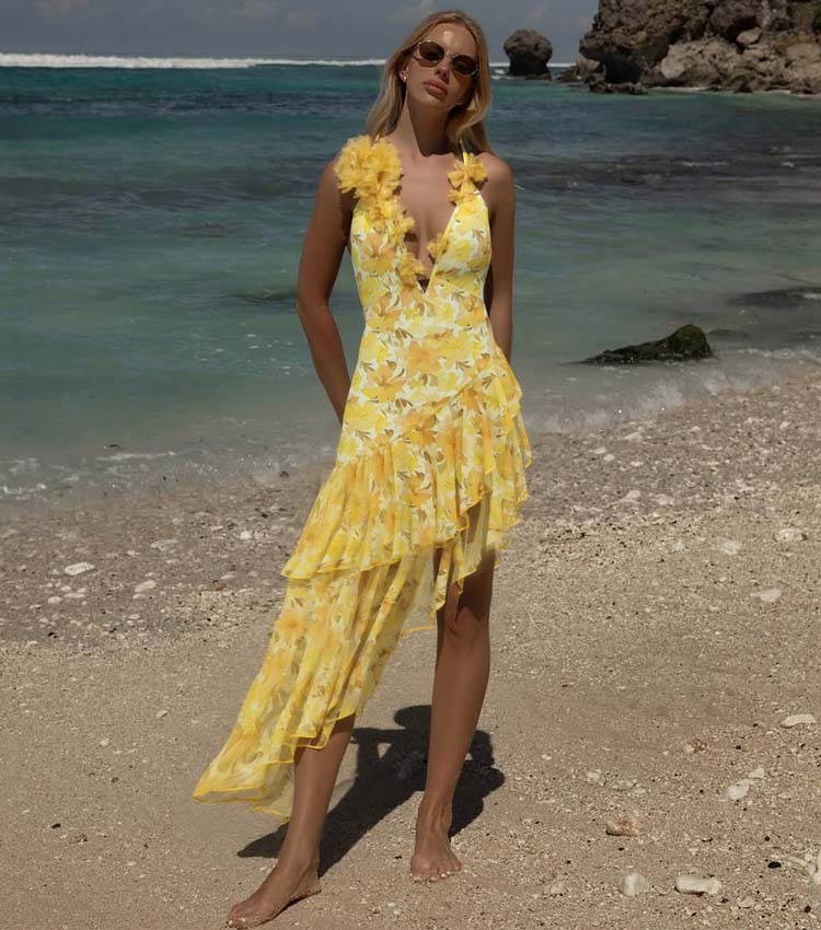 Appliques Yellow Lily Floral Print One Piece Swimsuit and Skirt