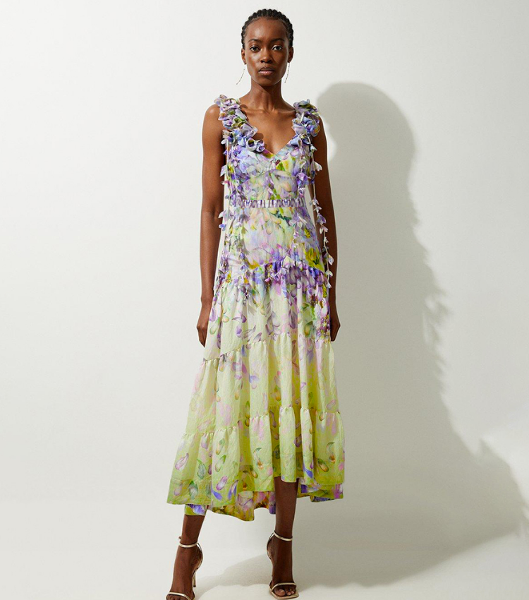 Gradient Flowers Printed One Piece Swimsuit and Skirt