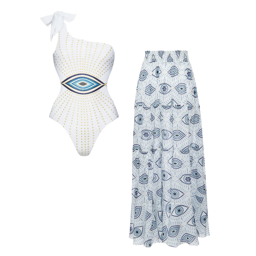 Eye Print One Shoulder One Piece Swimsuit and Skirt Flaxmaker