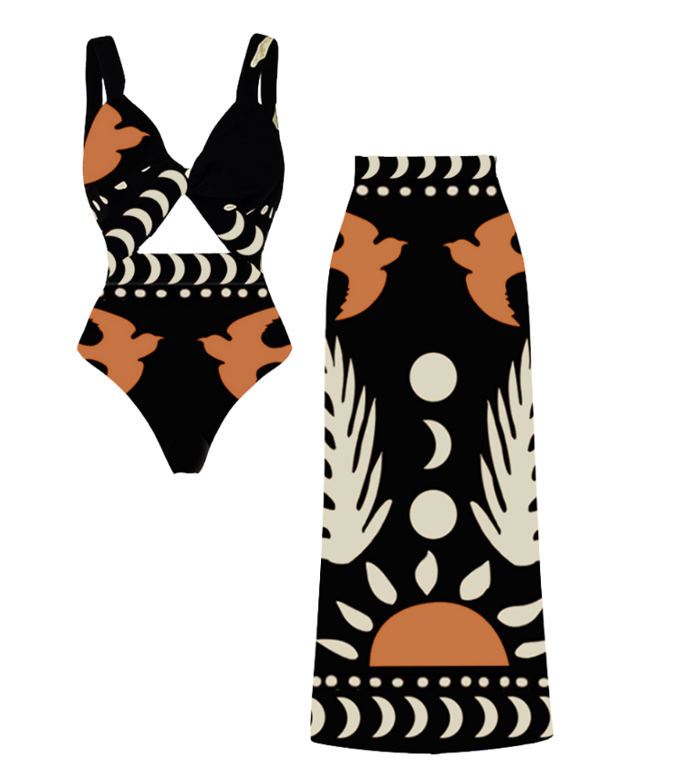 Retro Print Cutout One Piece Swimsuit and Skirt Flaxmaker