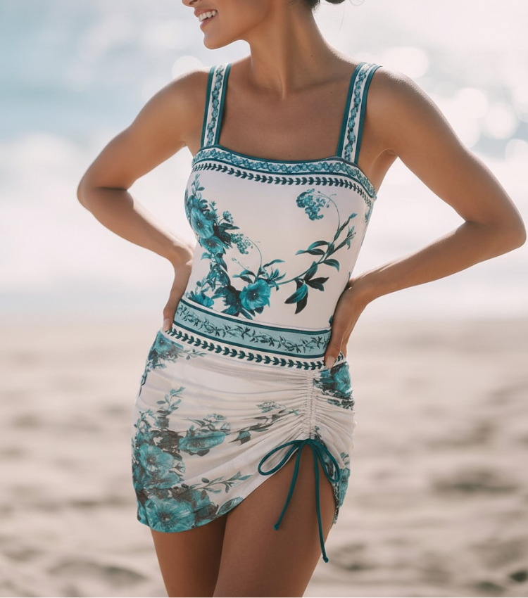 Dark Cyan Botanical Flower Print Swimsuit Set(s)