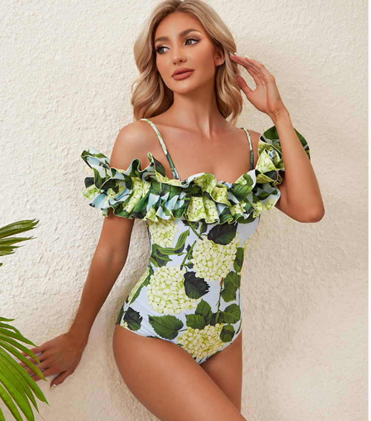 Off Shoulder Hydrangea Print Ruffle One Piece Swimsuit and Skirt Flaxmaker