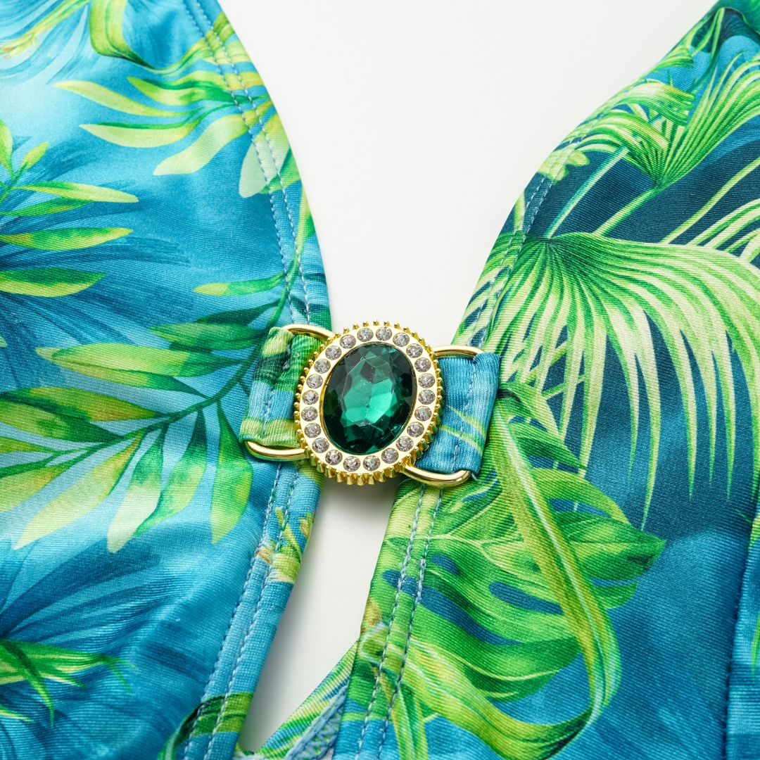 Long-sleeved Jungle Green Print One Piece  Swimsuit and Skirt