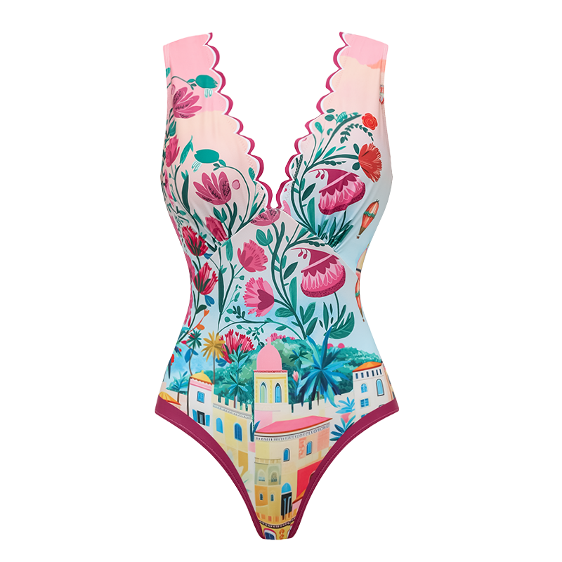 Scallop Cut Neck One Piece Swimsuit and Skirt