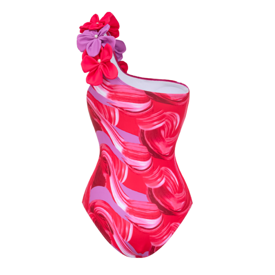 One Shoulder 3D Flower Decor Printed One Piece Swimsuit and Skirt
