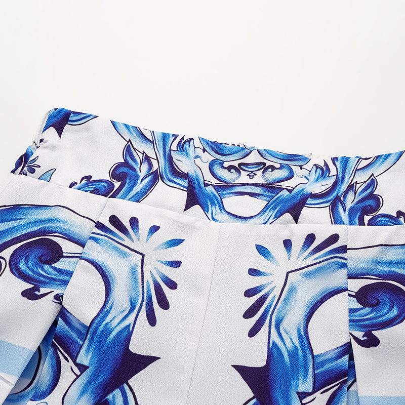 Ruffle V Neck Blue Majolica Print High Waist Bikini Swimsuit and Skirt or Pants