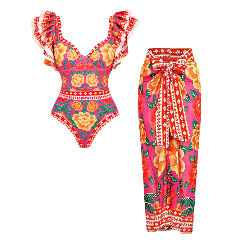 Ruffled Contrast Print One Piece Swimsuit and Sarong Flaxmaker