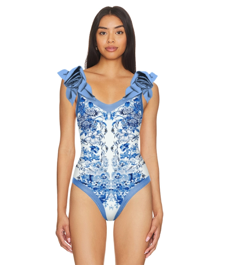 3D Flower Maiolica Print One Piece Swimsuit and Skirt Flaxmaker