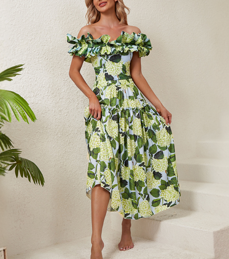 Off Shoulder Hydrangea Print Ruffle One Piece Swimsuit and Skirt Flaxmaker