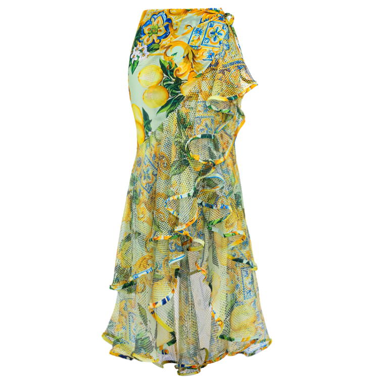 Ruffle Starp Push Up Lemon Print One Piece Swimsuit and Mesh Panel Sarong Flaxmaker