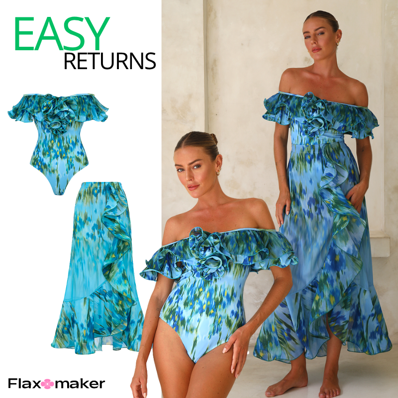 Removable Shoulder Strap Off Shoulder Ruffle Abstract Pattern Print One piece Swimsuit and Skirt