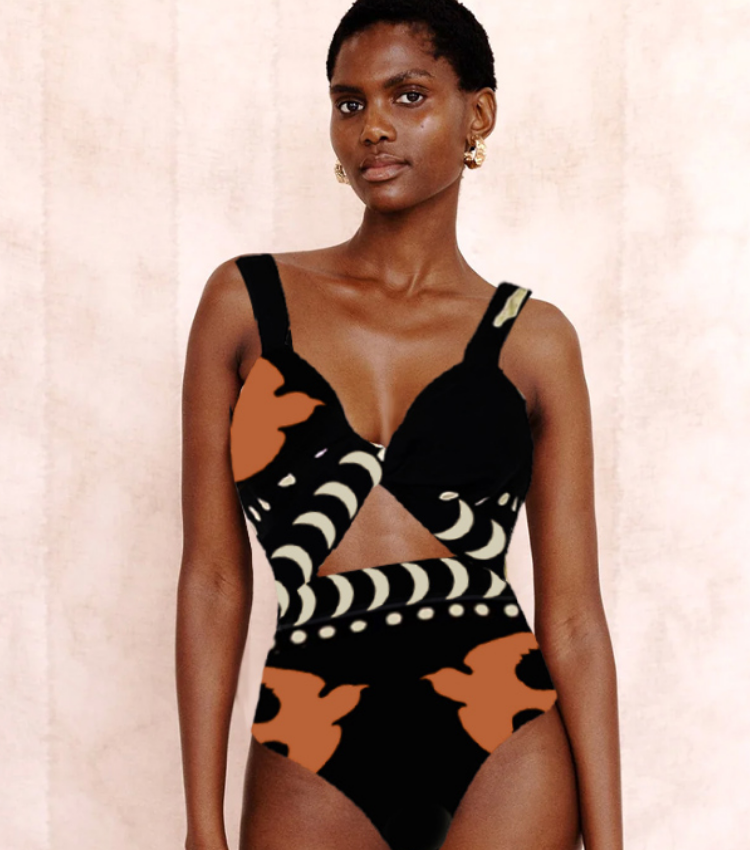 Retro Print Cutout One Piece Swimsuit and Skirt Flaxmaker
