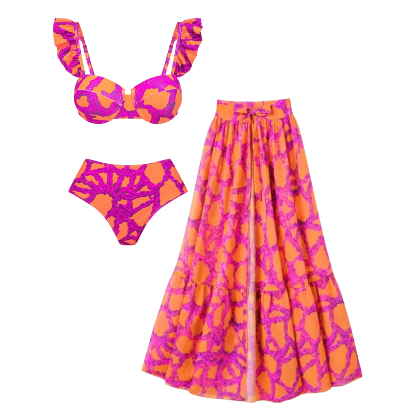 Ruffled Starp Push Up High Waist Bikini Swimsuit and Skirt Flaxmaker