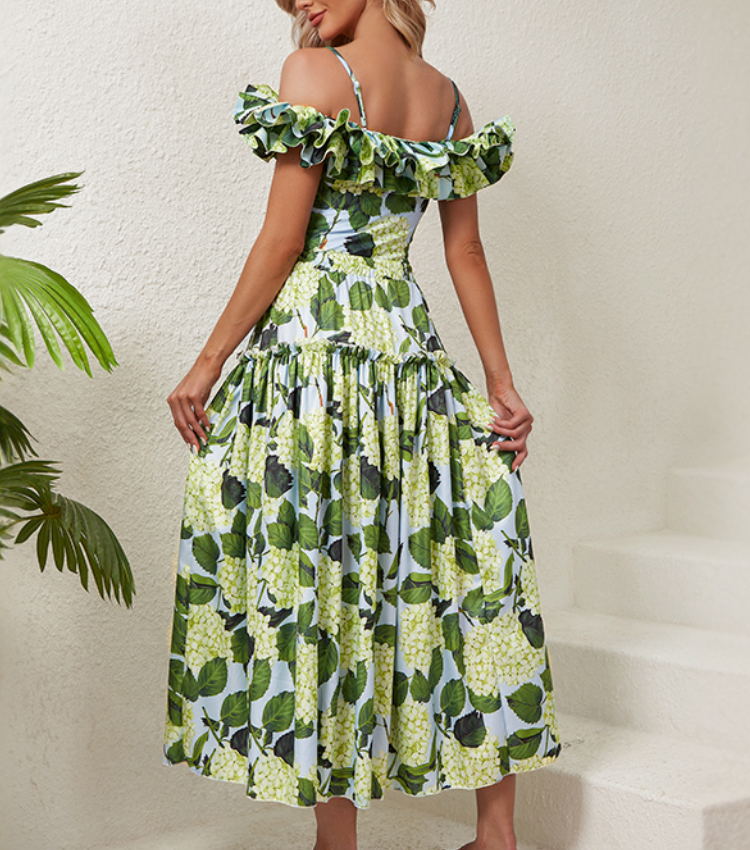 Off Shoulder Hydrangea Print Ruffle One Piece Swimsuit and Skirt Flaxmaker