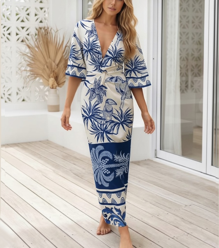 Blue Palm Print Midi Dress