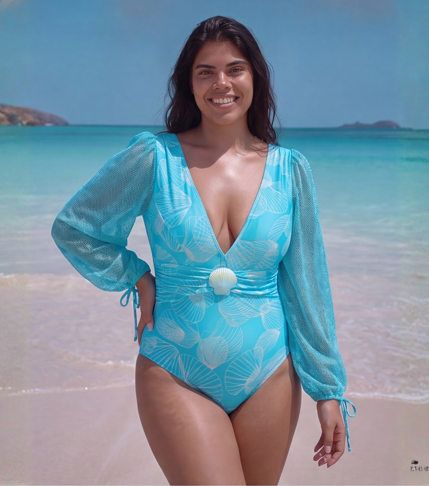 Plus Size Mesh Splicing Long-sleeved Shell Print One Piece Swimsuit and Skirt