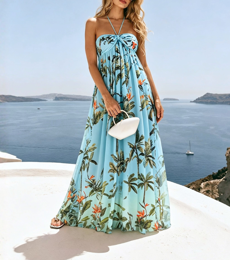 Light Blue Tropical Palm Tie Strap Maxi Dress