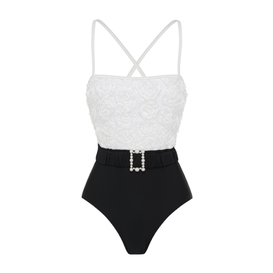 3D Flower Embossed Fabric Color Block One Piece Swimsuit and Skirt ...