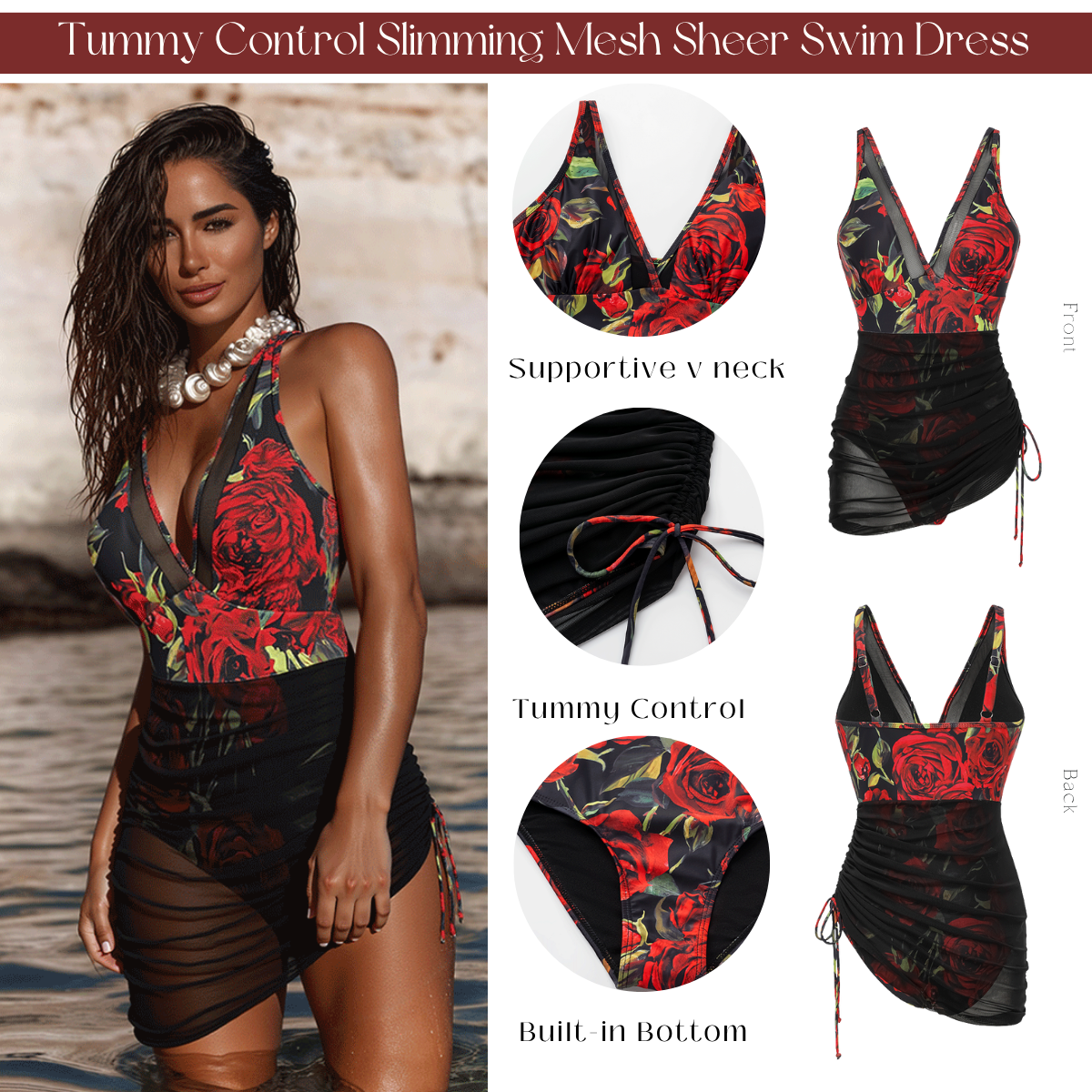 Plus Size V Neck Printed Tummy Control Slimming Mesh Sheer Swim Dress