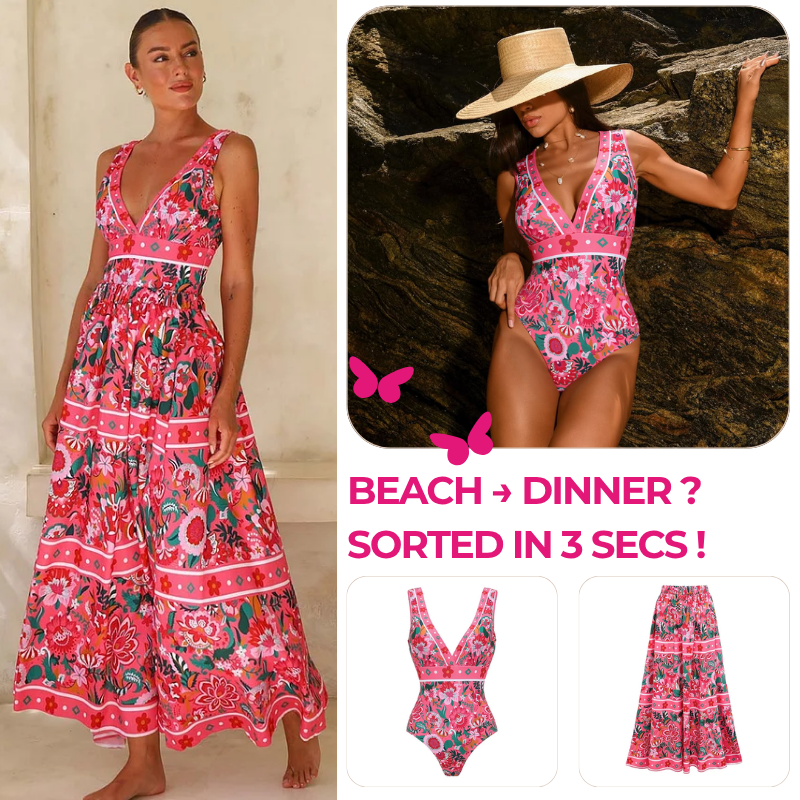Pink Floral Paradise Print V-neck One Piece Swimsuit and Skirt