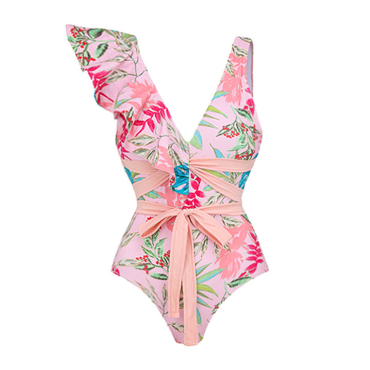 One Shoulder Ruffle Floral Print One Piece Swimsuit and Skirt Flaxmaker