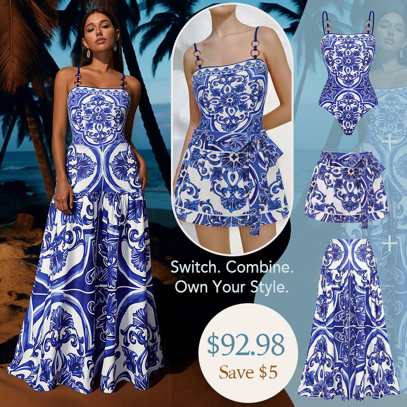 Sling Classic Majolica Series Pattern Print One Piece Swimsuit and Skirt or Shorts