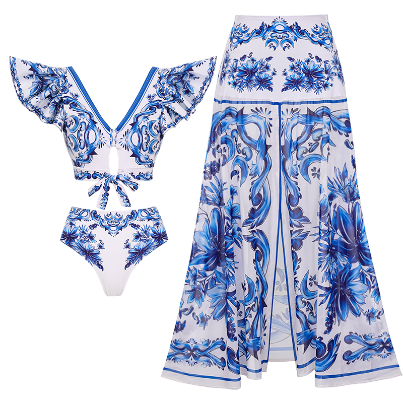 Ruffle V Neck Blue Majolica Print High Waist Bikini Swimsuit and Skirt or Pants