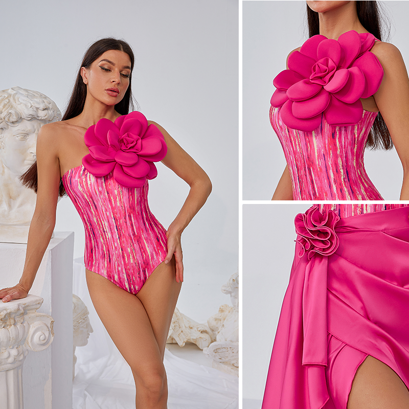 3D Flower Decor One Piece Swimsuit and Skirt Flaxmaker