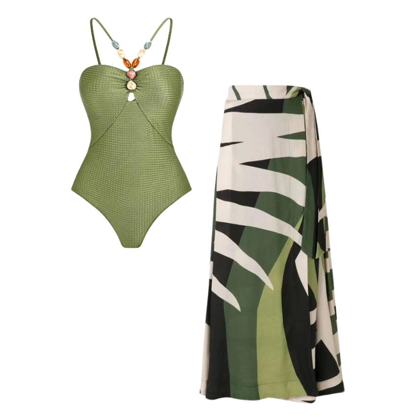 Beaded Halter Lace Up One Piece Swimsuit and Sarong Flaxmaker