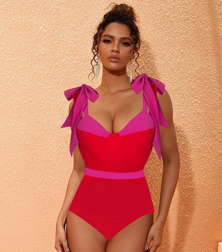 Tie-shoulder Underwired Color Block One Piece Swimsuit and Skirt Flaxmaker