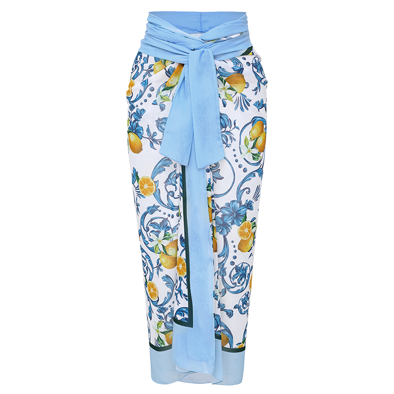 Lemon Print Tie-shoulder One Piece Swimsuit and Sarong or Skirt Flaxmaker