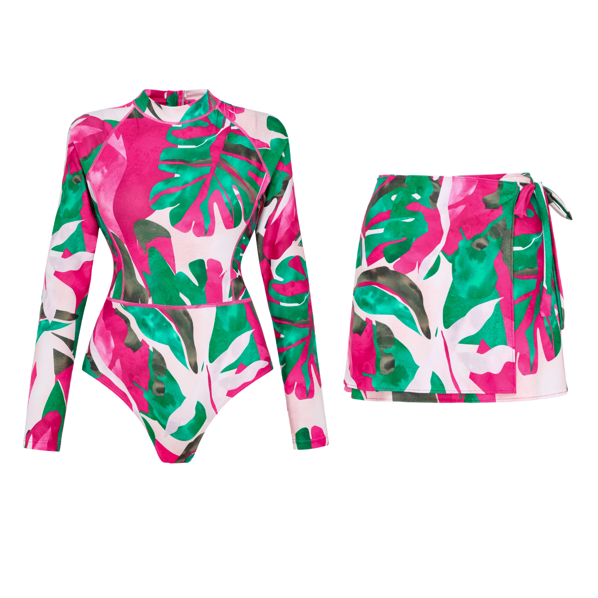 Abstract Rose Red Contrast Print Long sleeve  One Piece Swimsuit and Skirt