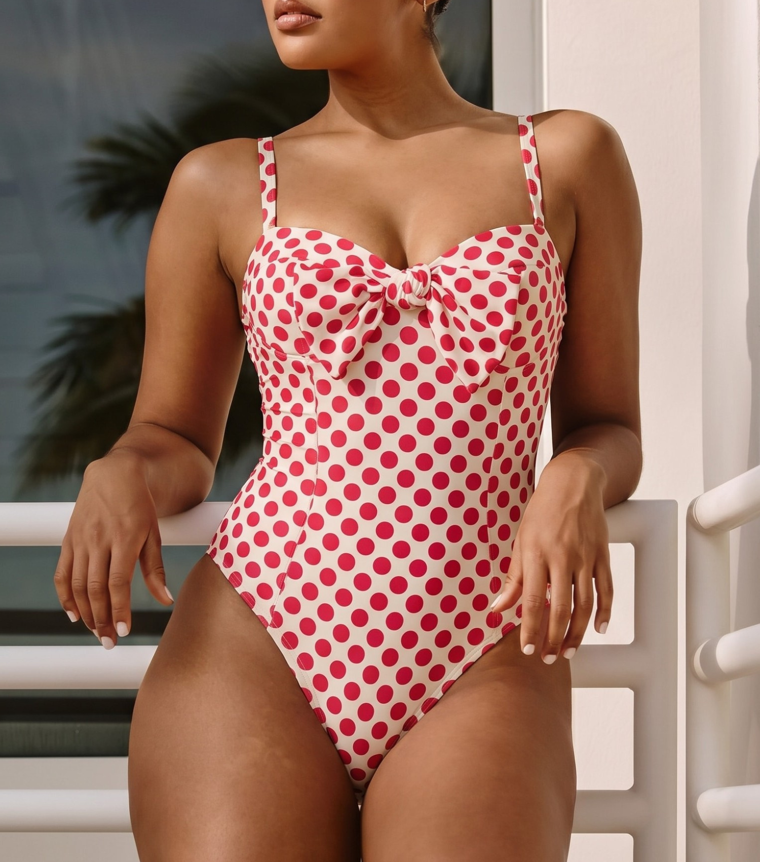 Plus Size Bowknot Polka Dot Print One Piece Swimsuit and Skirt