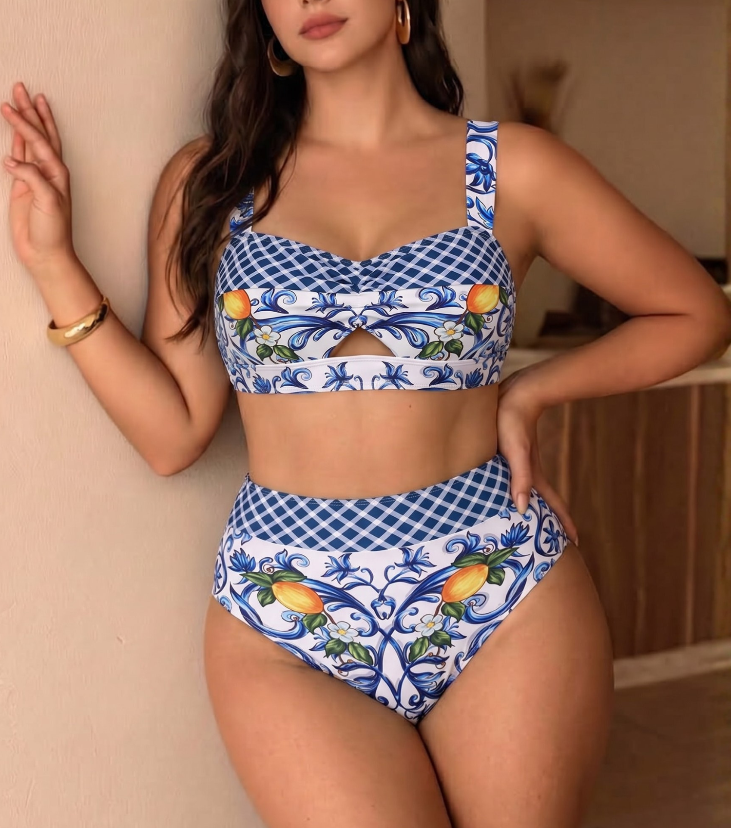 Plus Size Cutout Lemon Printed Swimsuit Set(s)