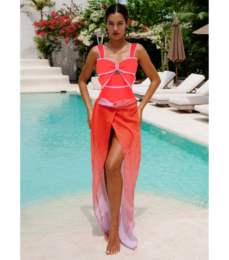 Bow Front Cut Out Color Block One Piece Swimsuit and Skirt Flaxmaker