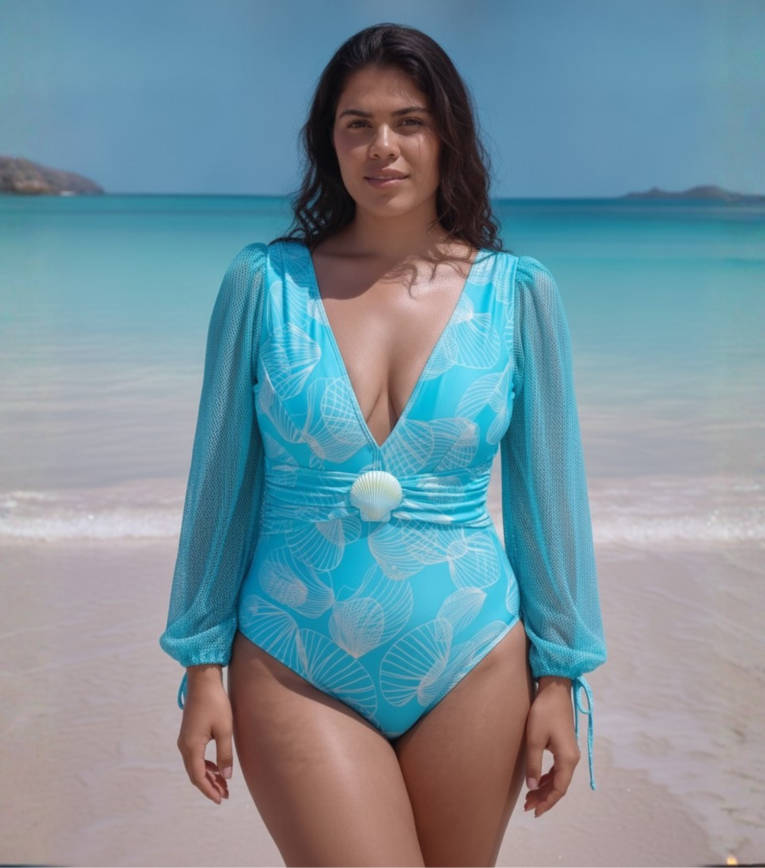Plus Size Mesh Splicing Long-sleeved Shell Print One Piece Swimsuit and Skirt