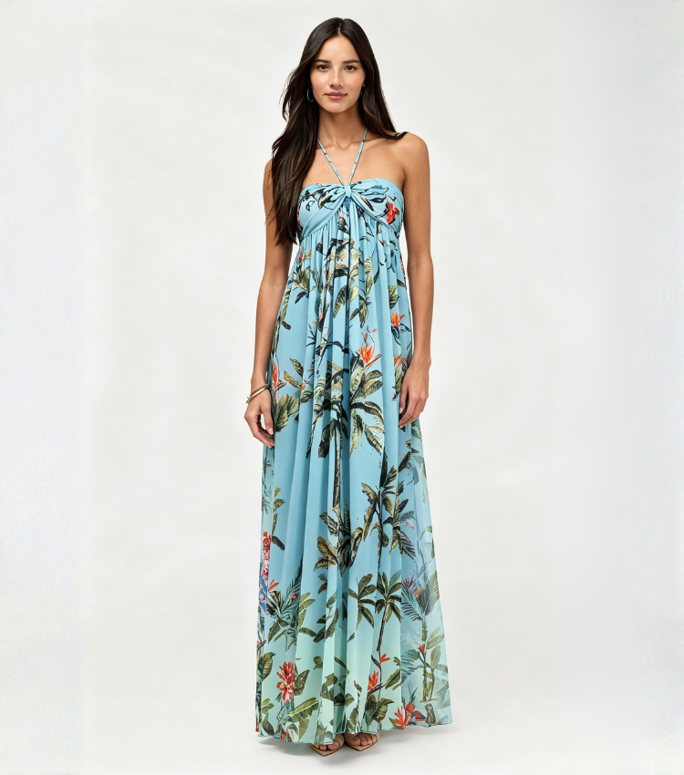 Light Blue Tropical Palm Tie Strap Maxi Dress