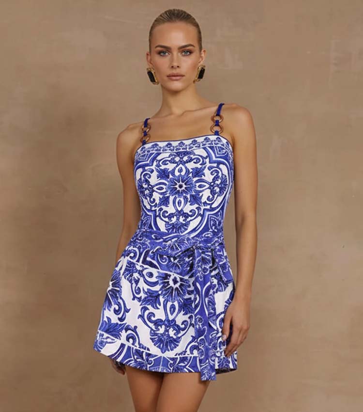 Sling Classic Majolica Series Pattern Print One Piece Swimsuit and Skirt or Shorts