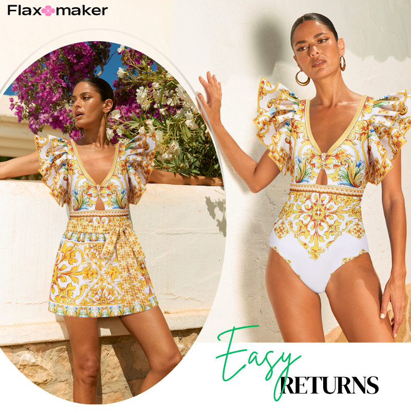 Ruffle V Neck  Golden Majolica Print One Piece Swimsuit and Scooter skirt