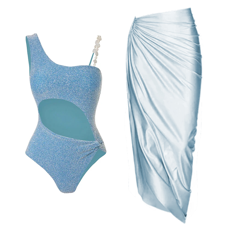 Flaxmaker Pearl Shoulder Strap Cutout Shiny Texture One Piece Swimsuit and Dress