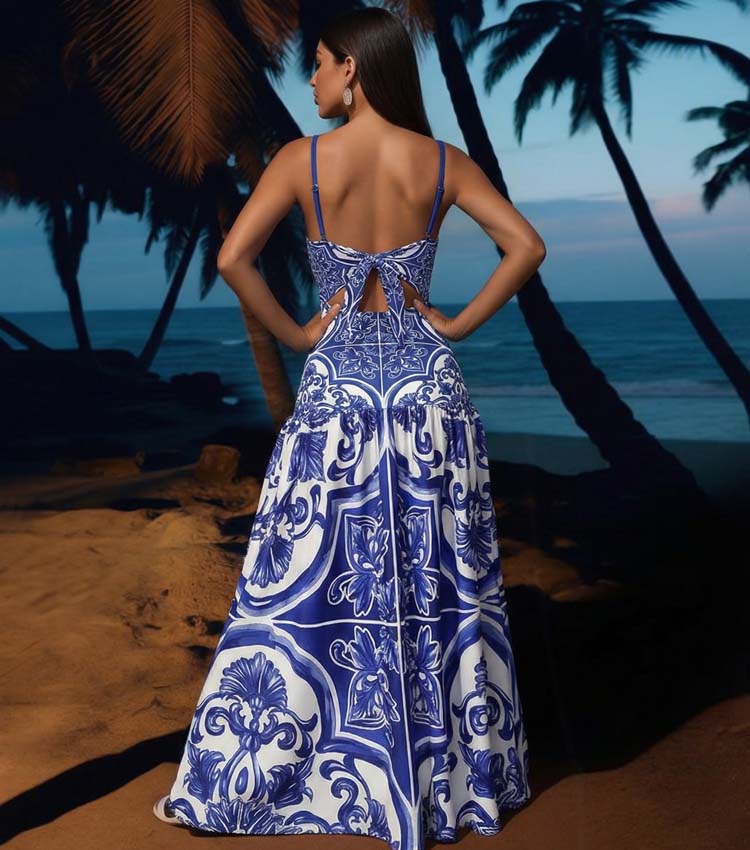 Sling Classic Majolica Series Pattern Print One Piece Swimsuit and Skirt or Shorts